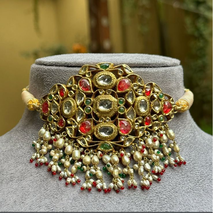 Vintage Polki Diamond And Multi Gemstone Yellow Gold Handmade Choker Necklace Jewelry