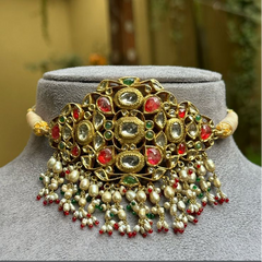 Vintage Polki Diamond And Multi Gemstone Yellow Gold Handmade Choker Necklace Jewelry