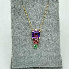 Natural Amethyst And Multi Gemstone 18k Solid Yellow Gold Handmade Chain Pendant Jewelry