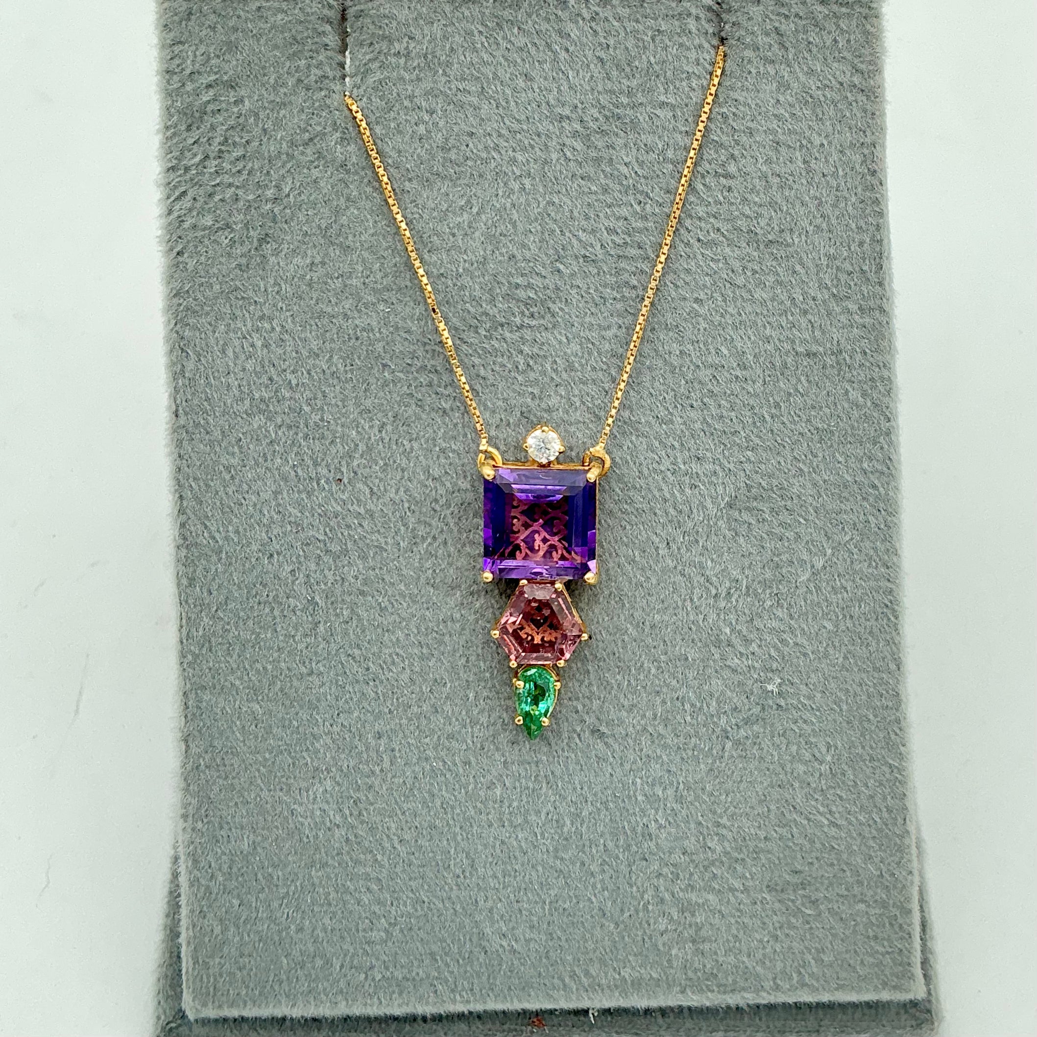 Natural Amethyst And Multi Gemstone 18k Solid Yellow Gold Handmade Chain Pendant Jewelry