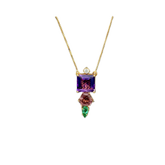Natural Amethyst And Multi Gemstone 18k Solid Yellow Gold Handmade Chain Pendant Jewelry