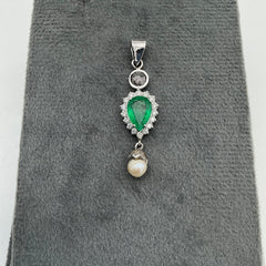 Precious Emerald, Pearl And Diamond 18k Solid White Gold Pendant Jewelry