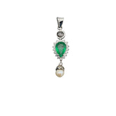 Precious Emerald, Pearl And Diamond 18k Solid White Gold Pendant Jewelry