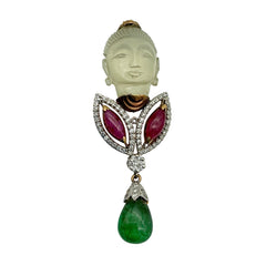 Buddha-Vintage Moonstone, Ruby, Emerald & Diamond 18k Yellow Gold Pendant Jewelry