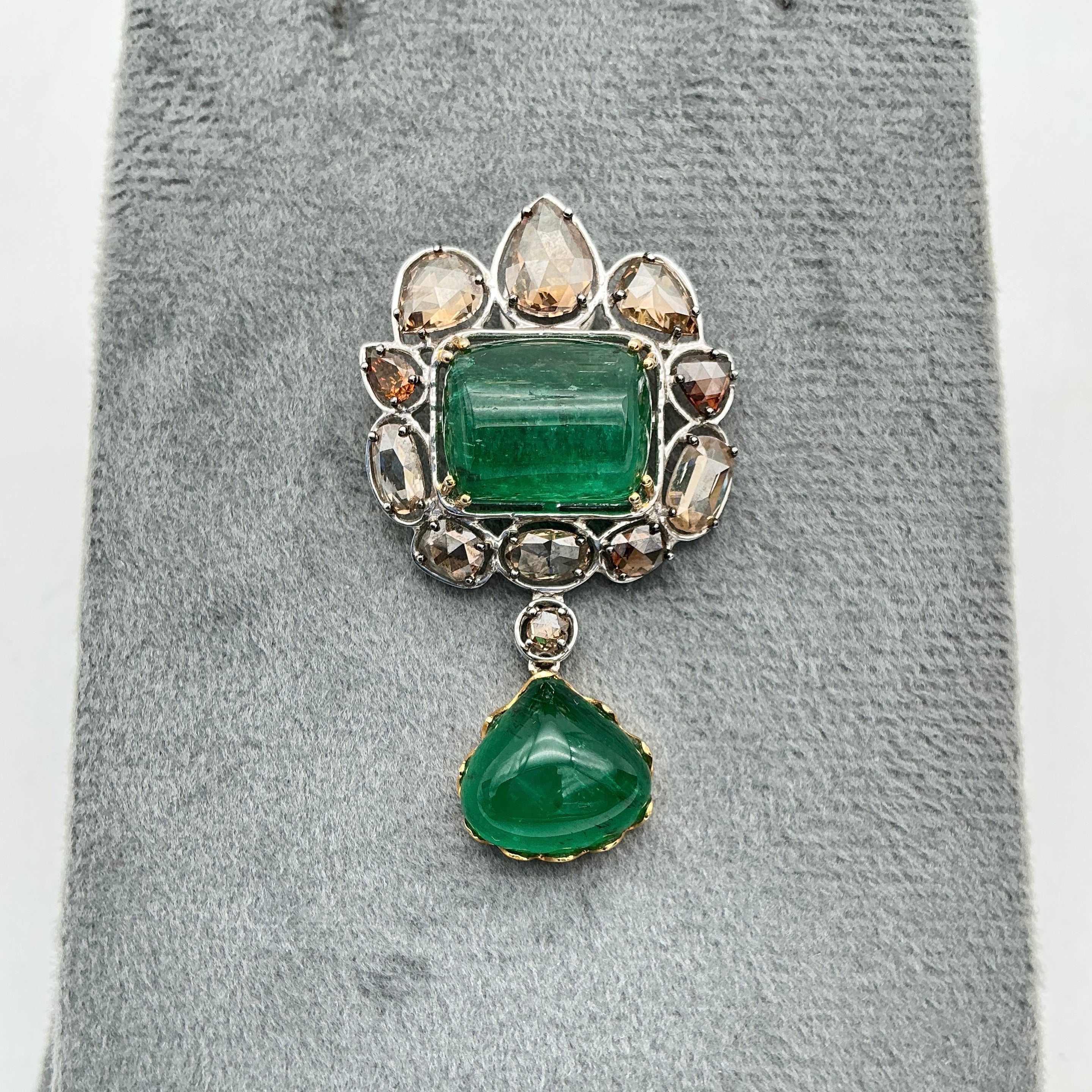 Emerald And Diamond 18k Solid White Gold Handmade Pendant Jewelry