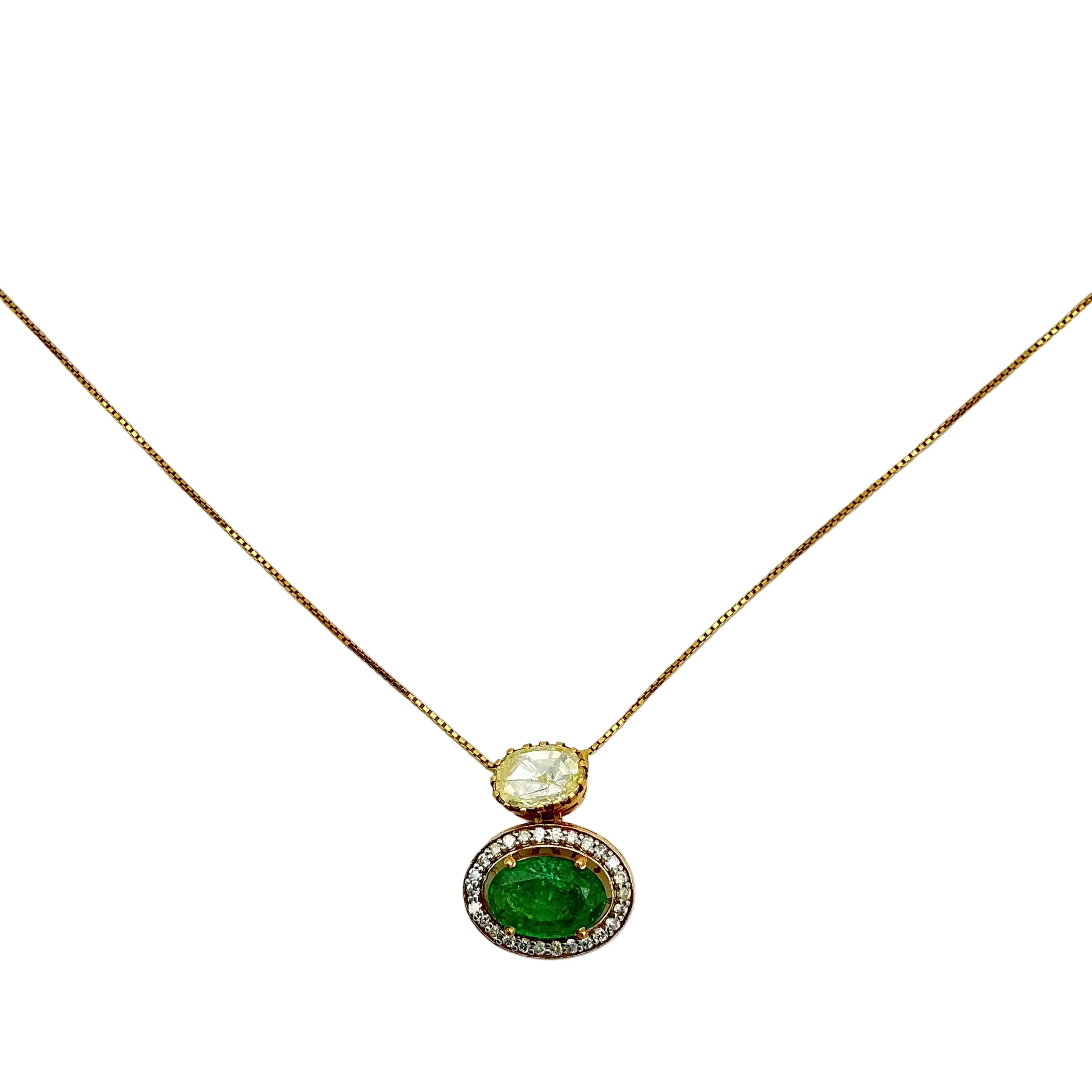 Precious Emerald And Diamond 18k Solid Yellow Gold Handmade Chain Pendant