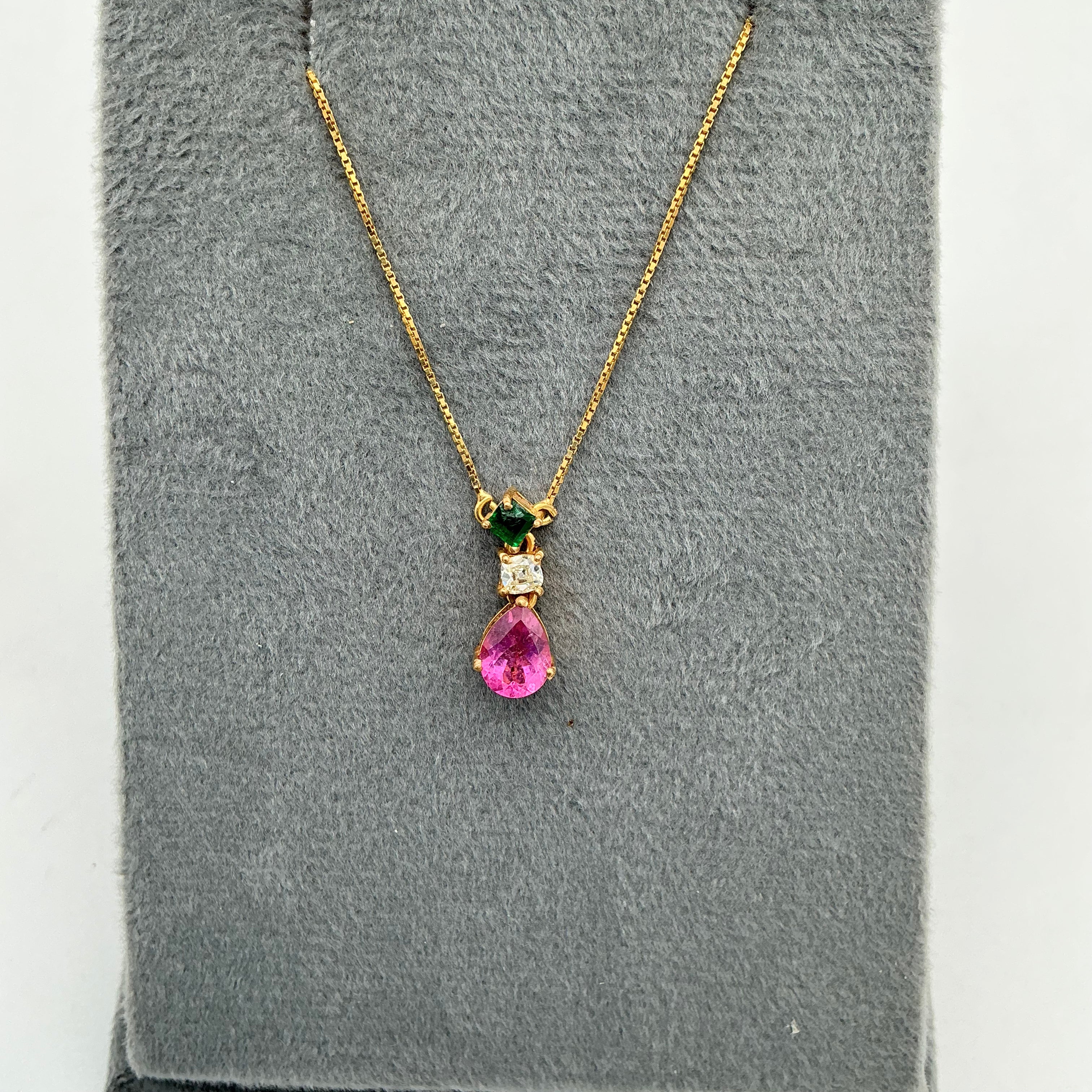New Arrival Pink Tourmaline, Emerald And Diamond 18k Solid Yellow Gold Chain Pendant