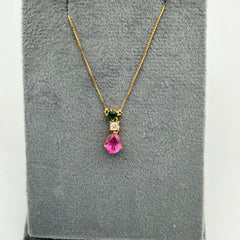 New Arrival Pink Tourmaline, Emerald And Diamond 18k Solid Yellow Gold Chain Pendant