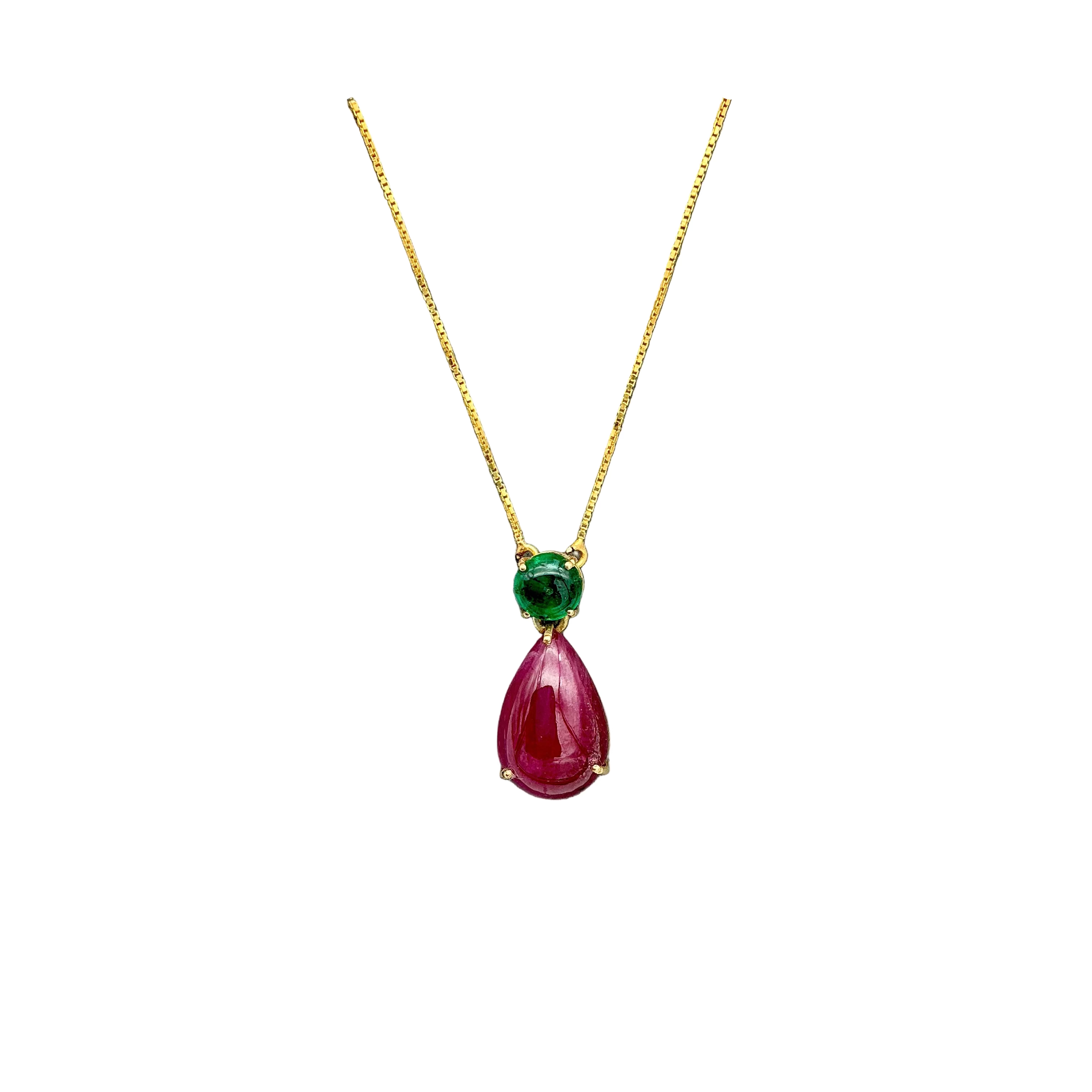 Precious Ruby And Emerald 18k Solid Yellow Gold Handmade Chain Pendant Jewelry