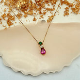 New Arrival Pink Tourmaline, Emerald And Diamond 18k Solid Yellow Gold Chain Pendant