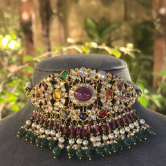 Exquisite Navratna Heritage Polki Yellow Gold Aad Necklace