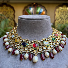 Regal Navratna & Pearl Royal Polki Yellow Gold Necklace