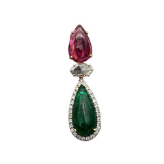 Natural Emerald, Tourmaline And Diamond 18k White Gold Handmade Pendant Jewelry