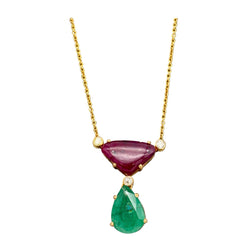 Precious Emerald, Ruby And Diamond 18k Solid Yellow Gold Handmade Chain Pendant Jewelry