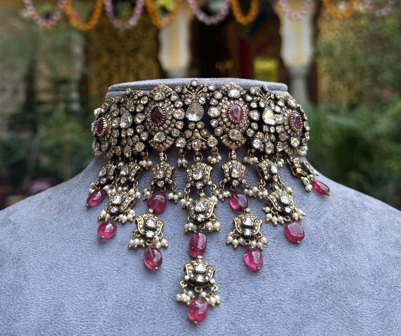Antique Vintage Tourmaline And Polki Diamond 925 Sterling Silver Handmade Necklace Jewelry