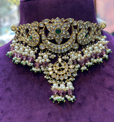 Exquisite Traditional Polki Diamond And Multi Gemstone Yellow Gold Bridal Necklace Jewelry