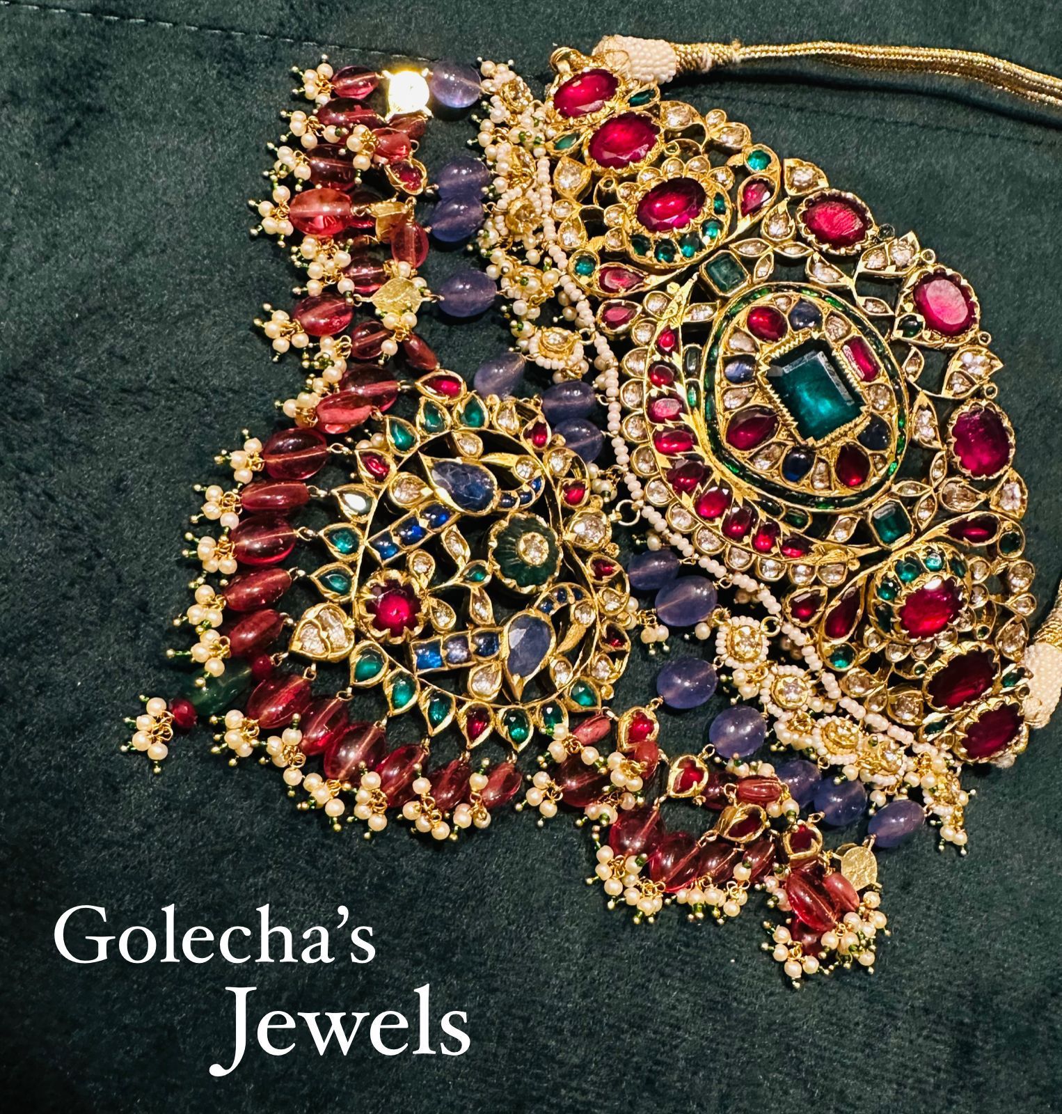 Antique Design Emerald, Polki Diamond And Multi Gemstone Yellow Gold Handmade Bridal Necklace Jewelry