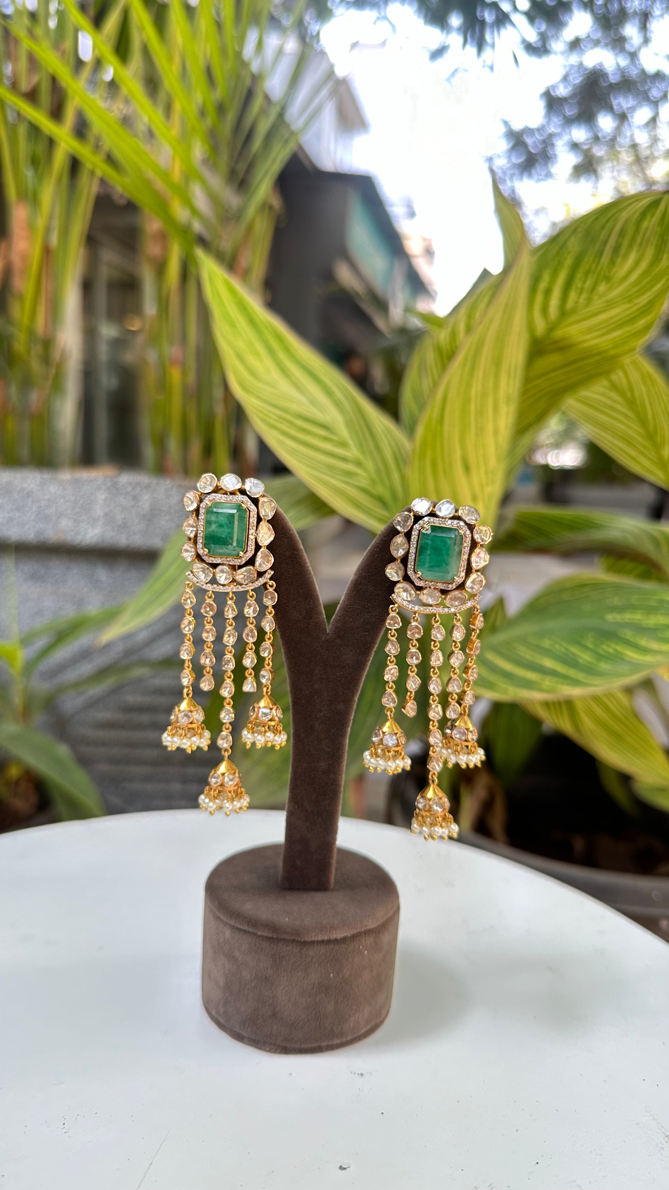 Precious Emerald And Polki Diamond Yellow Gold Handmade Earrings Jewelry