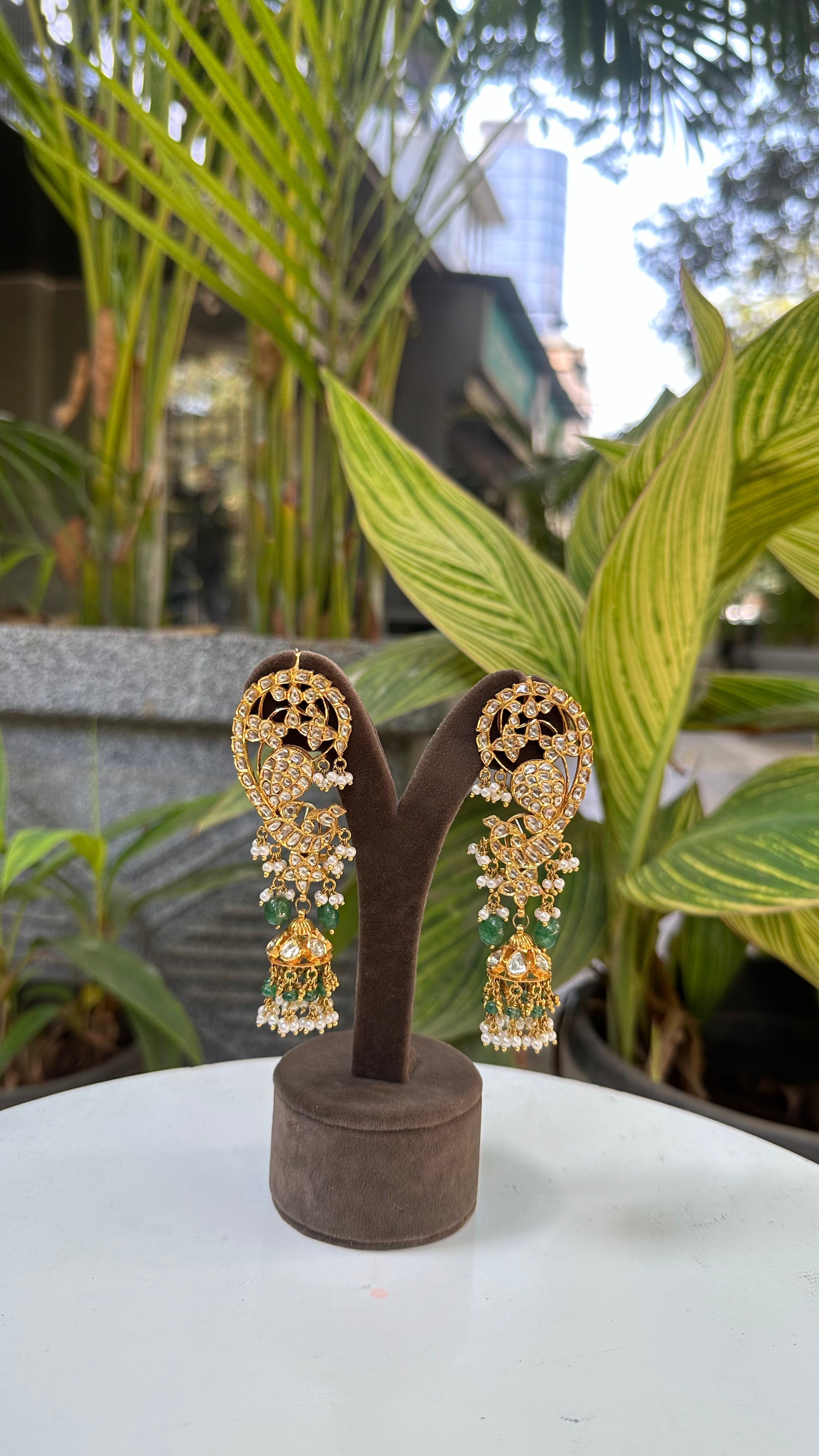 New Arrival Polki Diamond, Emerald And Pearl Yellow Gold Drop Dangle Earrings