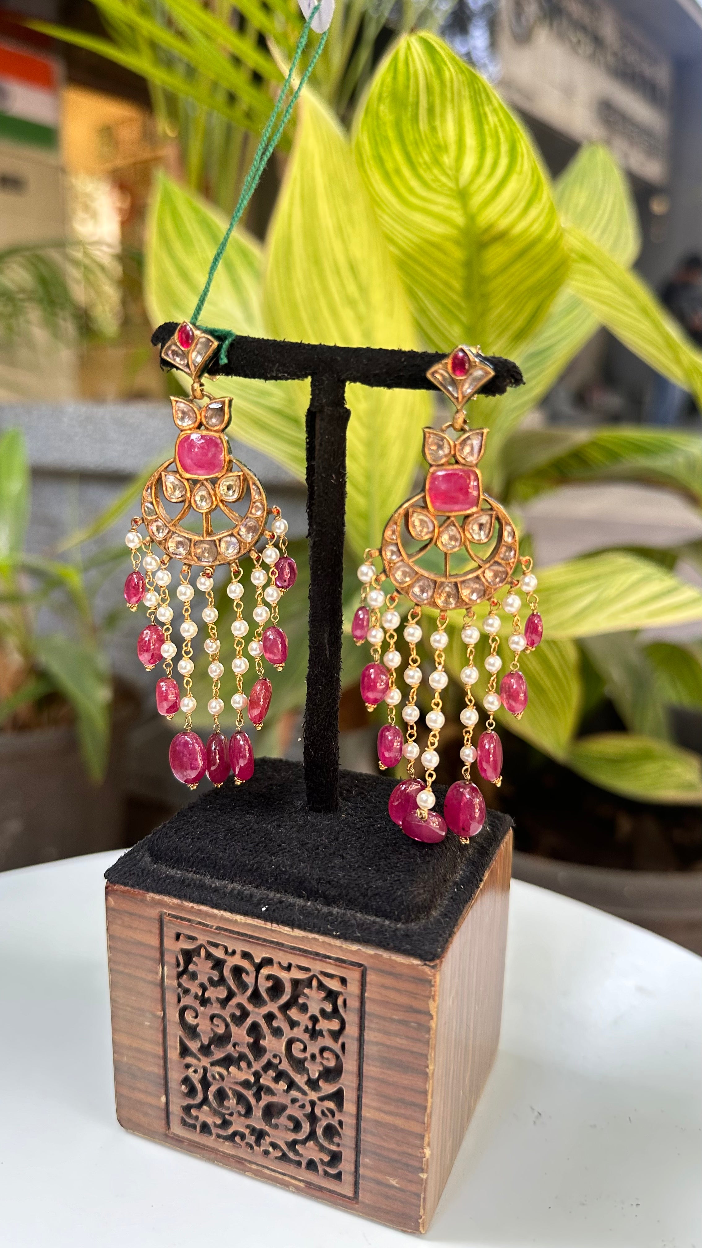 Natural Ruby, Pearl And Polki Gemstone Yellow Gold Handmade Drop Dangle Earrings