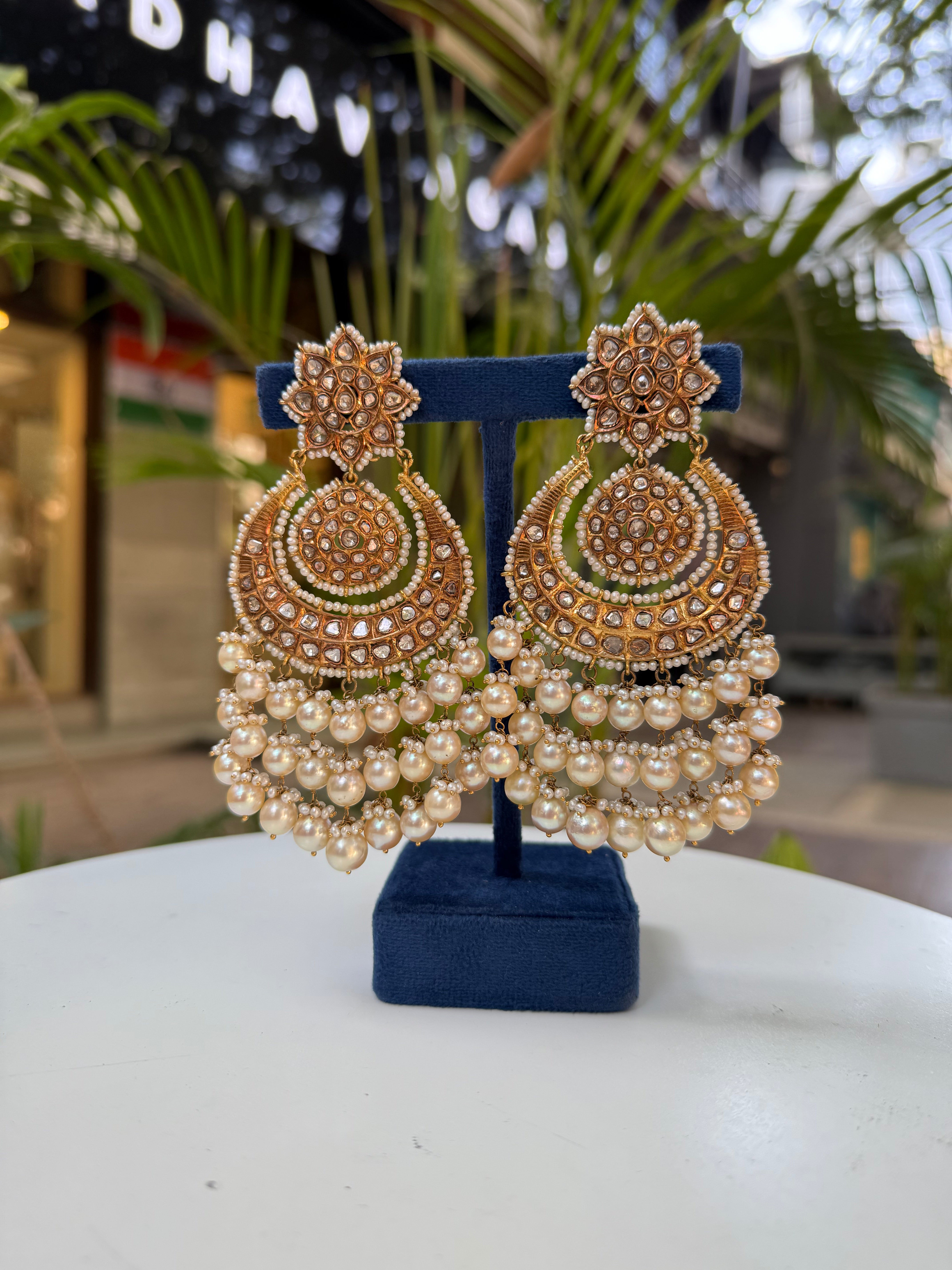 Antique Pearl And Polki Diamond Gemstone Yellow Gold Handmade Drop Dangle Earrings