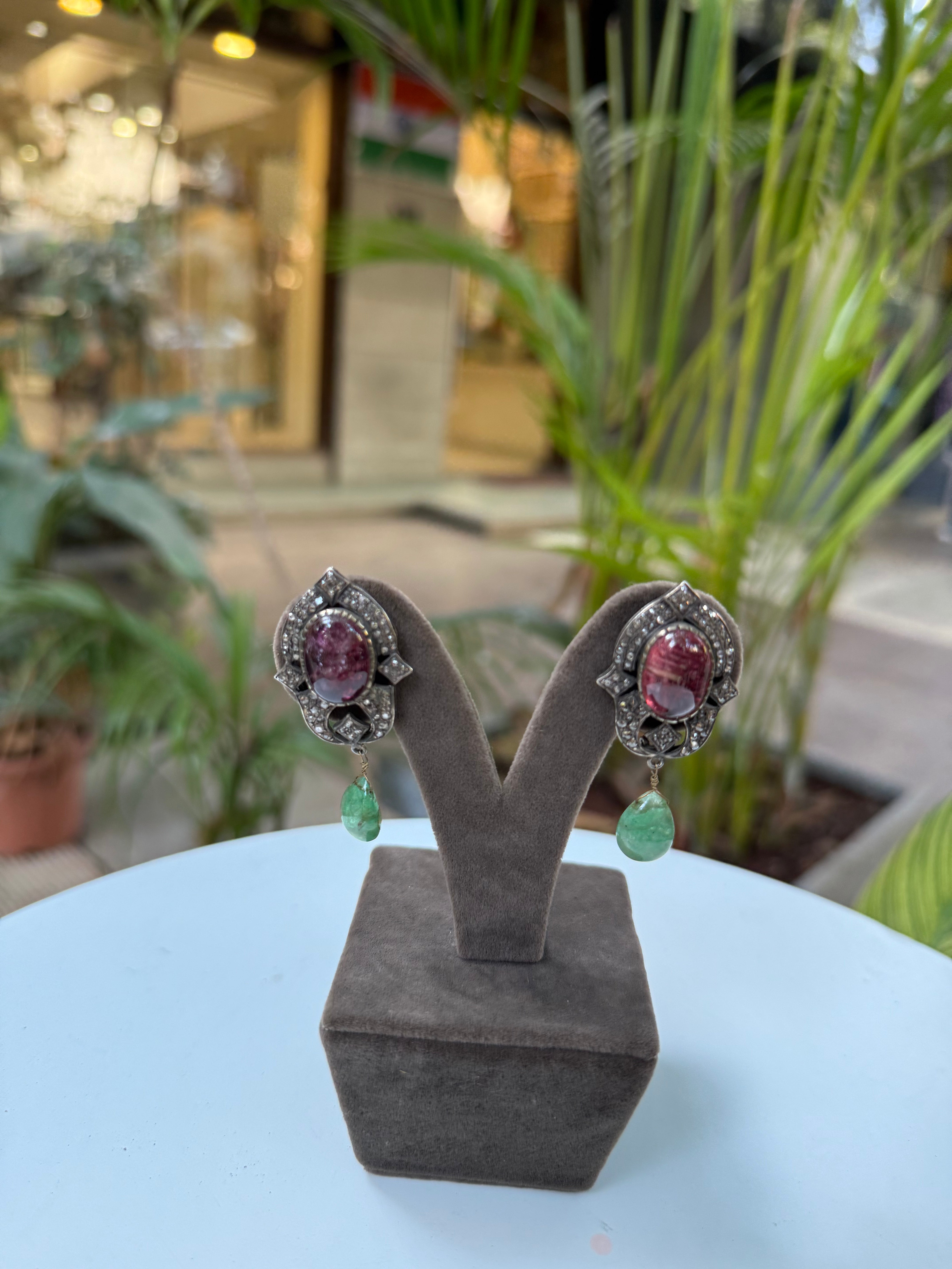 Oval Ruby, Emerald And Diamond Gemstone 925 Sterling Silver Victorian Earrings Jewelry