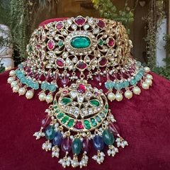 Traditional Emerald Polki Multi Gemstone Aad Necklace