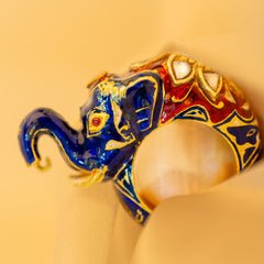 Elephant-Polki Diamond Gemstone 22K Solid Yellow Gold Enamel Work Rings Jewelry