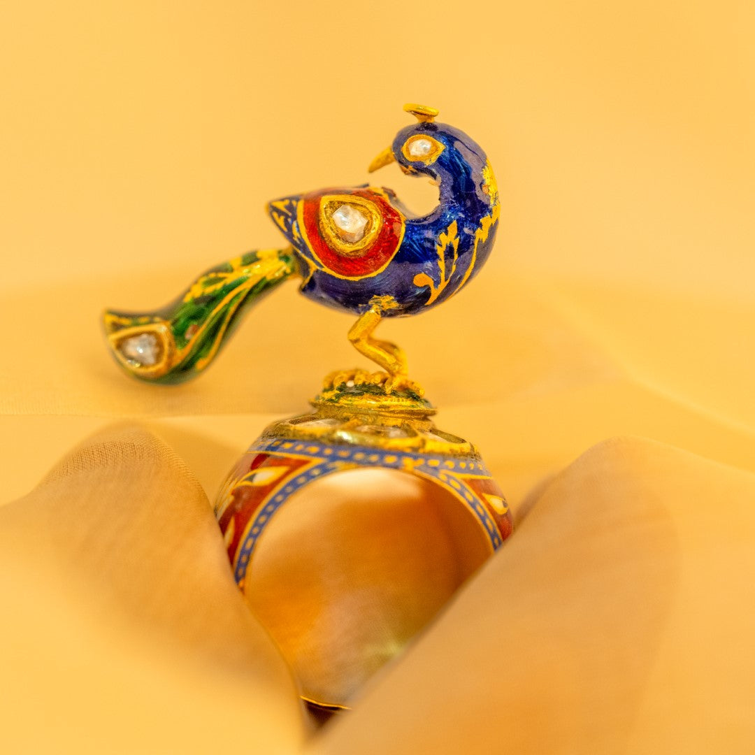 Peacock-Polki Diamond Gemstone Yellow Gold Handmade Enamel Work Rings Jewelry