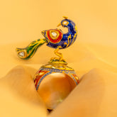 Peacock-Polki Diamond Gemstone Yellow Gold Handmade Enamel Work Rings Jewelry