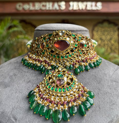 Exquisite Tourmaline, Emerald & Polki Multi-Gemstone Yellow Gold Aad Necklace