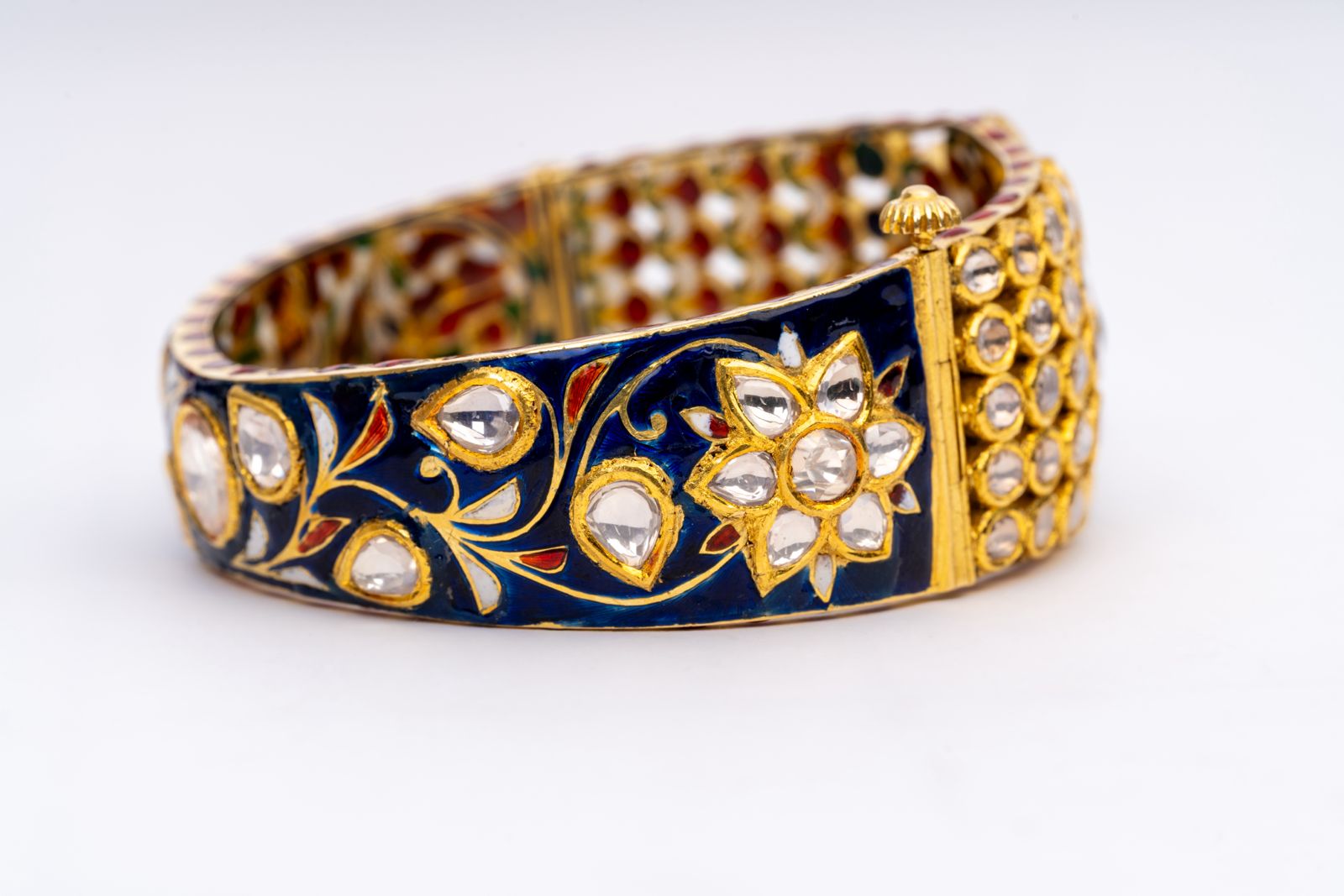 Antique Ruby, Chrome Diopside And Polki Yellow Gold Handmade Enamel Work Bangle Bracelets