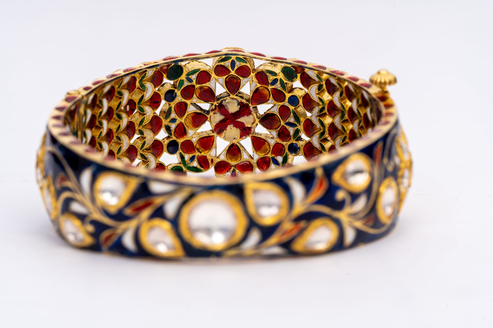 Antique Ruby, Chrome Diopside And Polki Yellow Gold Handmade Enamel Work Bangle Bracelets