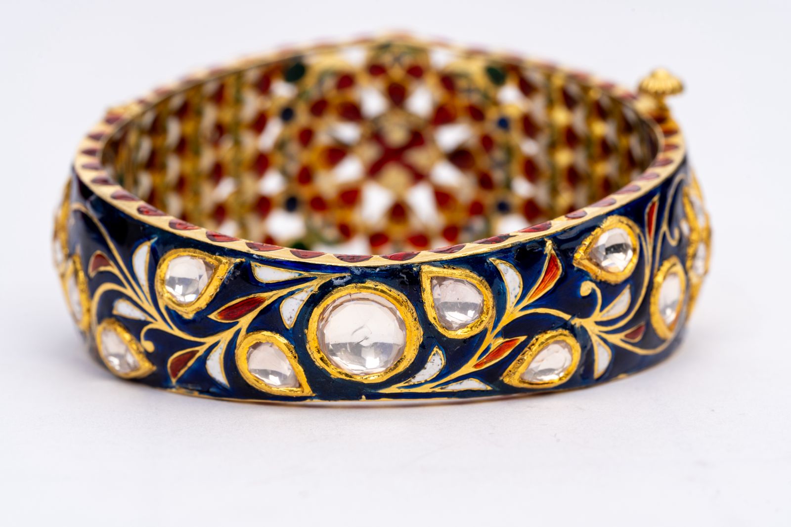 Antique Ruby, Chrome Diopside And Polki Yellow Gold Handmade Enamel Work Bangle Bracelets