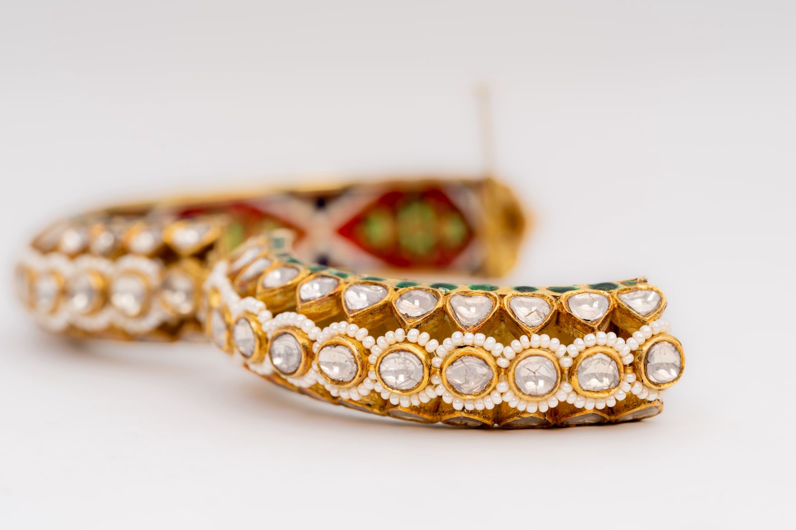 Polki Diamond And Pearl Gemstone Yellow Gold Handmade Bangle Bracelets