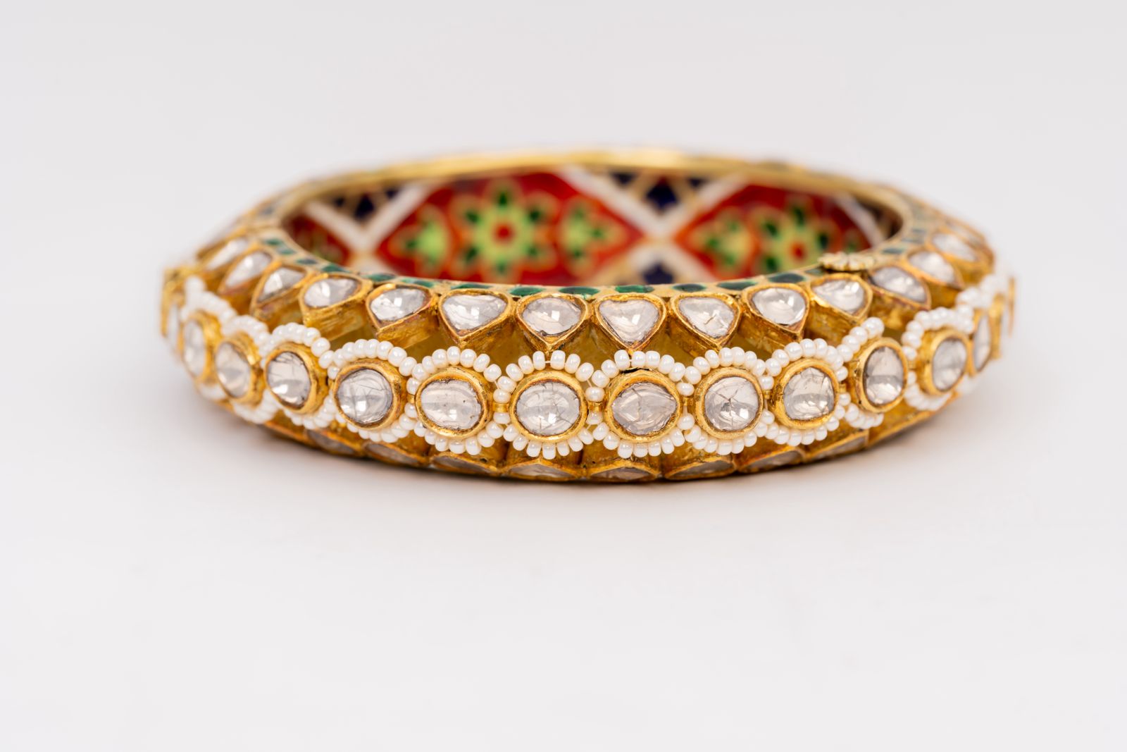 Polki Diamond And Pearl Gemstone Yellow Gold Handmade Bangle Bracelets
