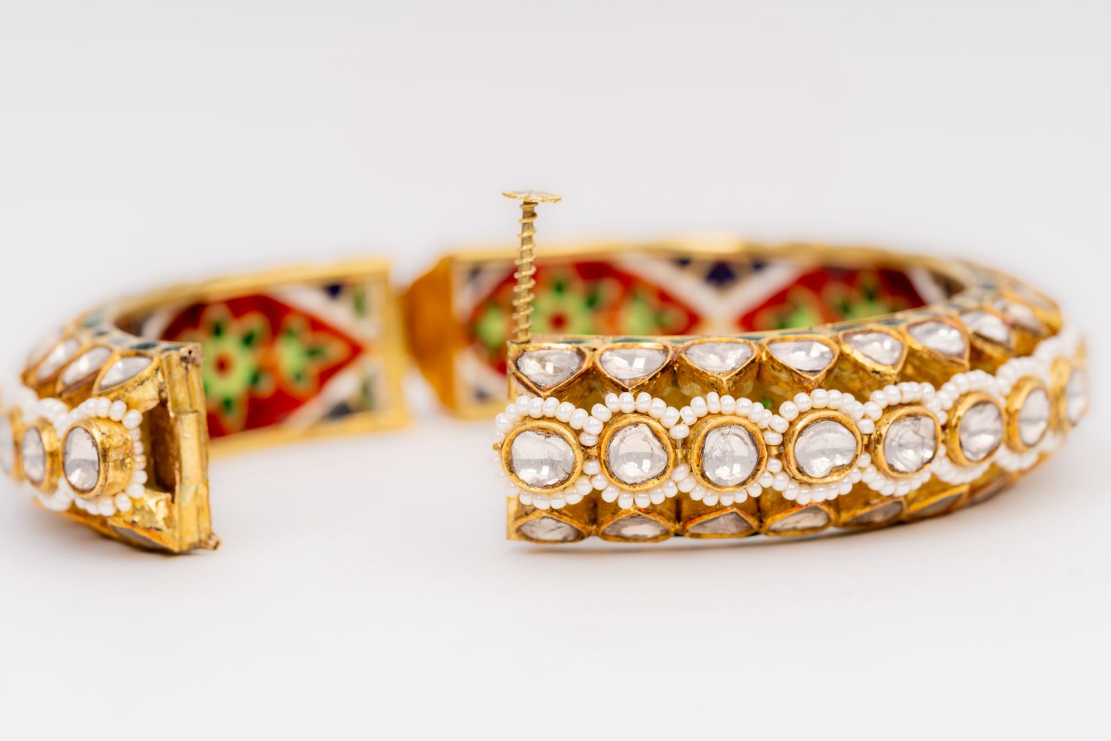 Polki Diamond And Pearl Gemstone Yellow Gold Handmade Bangle Bracelets
