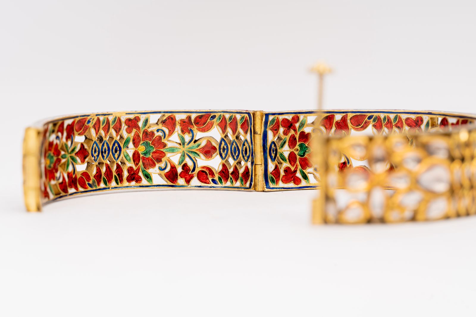 New Arrival Opulent Polki Diamond Yellow Gold Handmade Enamel Work Bracelets