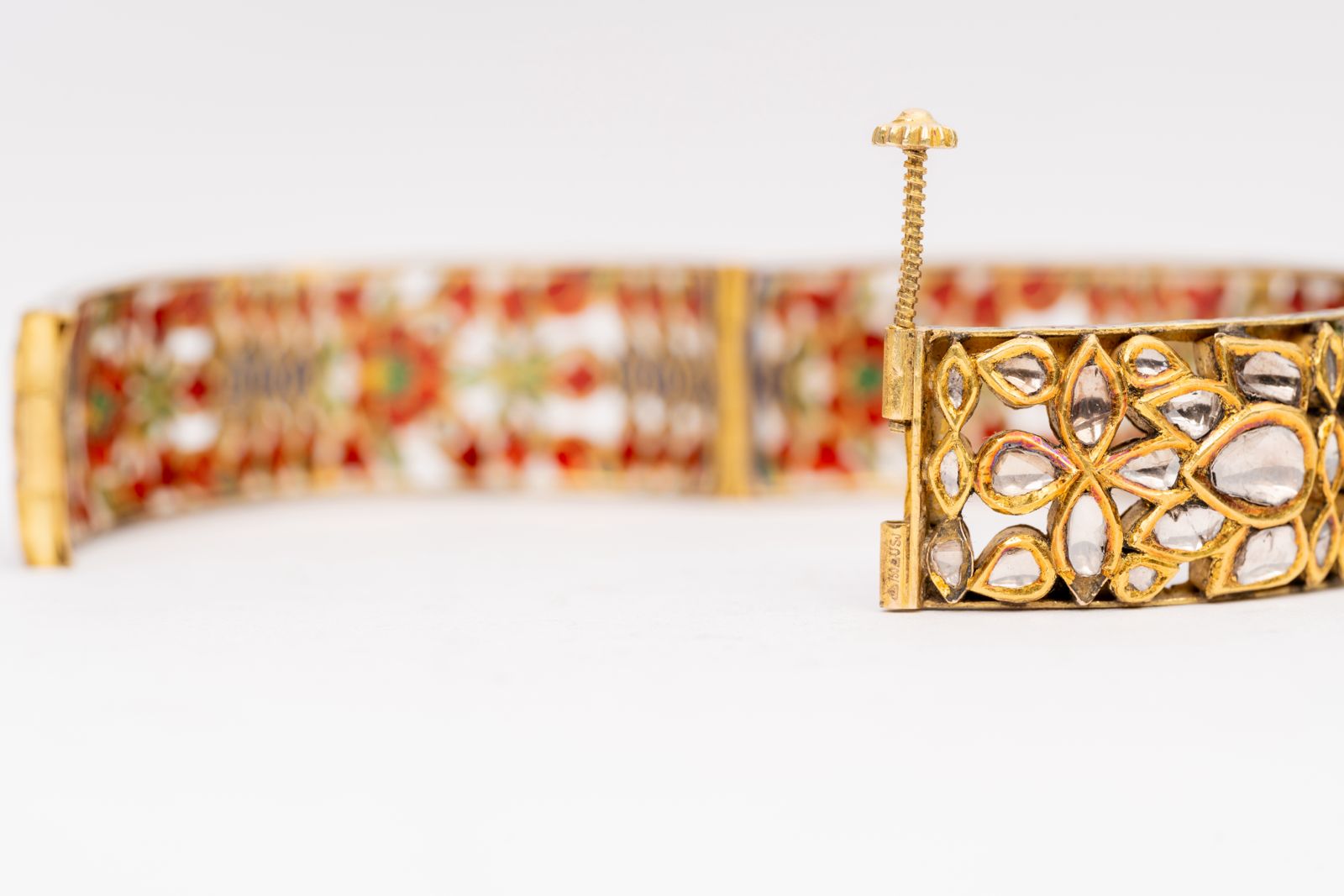 New Arrival Opulent Polki Diamond Yellow Gold Handmade Enamel Work Bracelets