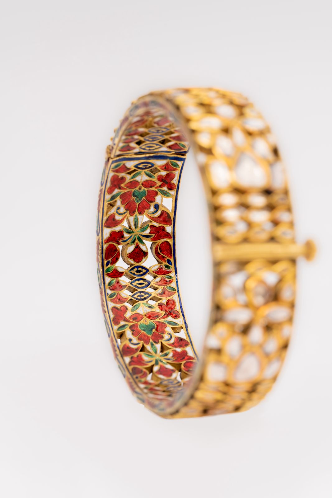 New Arrival Opulent Polki Diamond Yellow Gold Handmade Enamel Work Bracelets