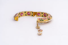 New Arrival Pearl Gemstone Yellow Gold Handmade Pink Enamel Work Bangle Bracelets