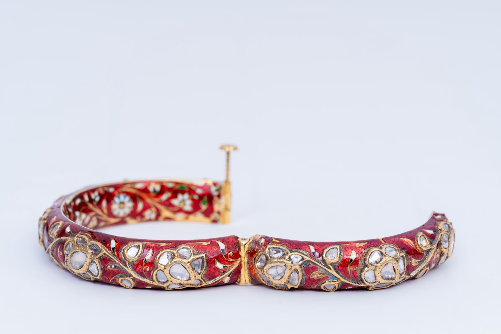 Antique Polki Diamond Yellow Gold Handmade Enamel Work Bangle Bracelets
