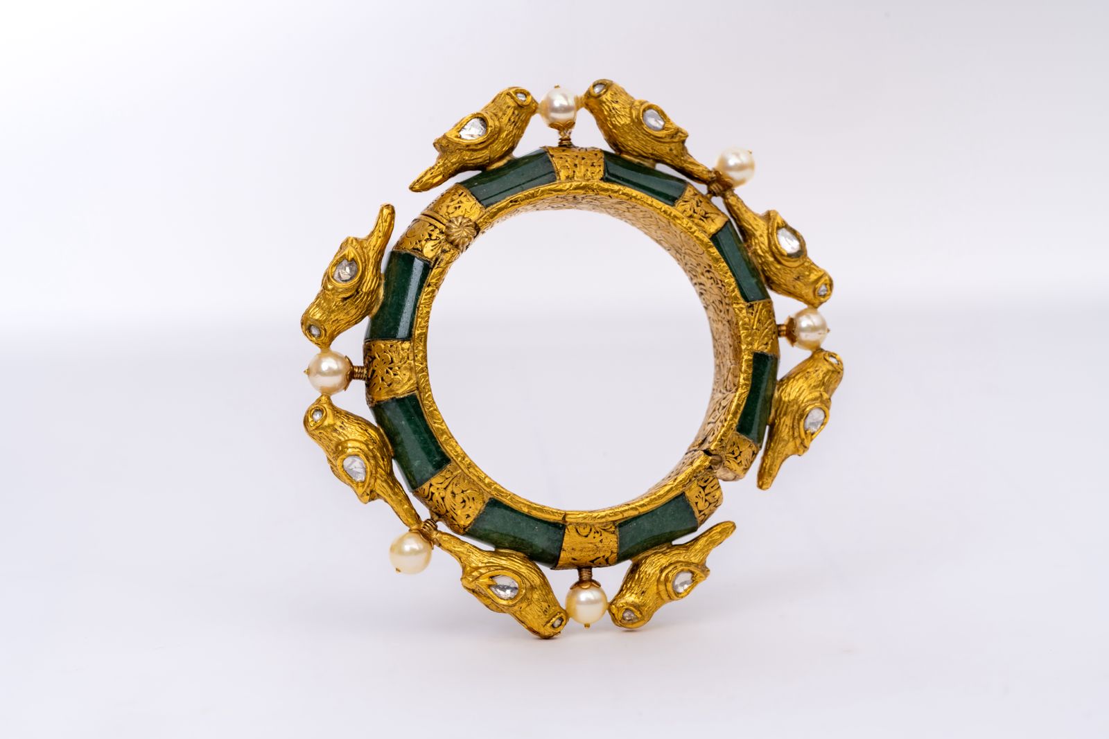 Pigeon-Antique Vintage Emerald, Polki And Pearl Yellow Gold Handmade Bracelets Jewelry