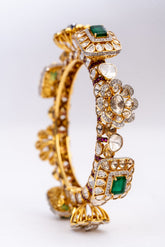 Precious Emerald, Ruby And Polki Diamond Yellow Gold Bangle Bracelets Jewelry