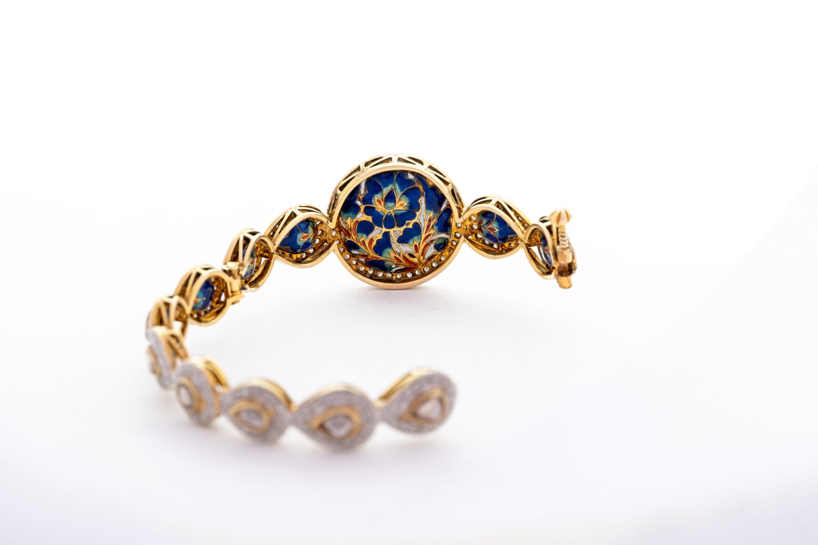 Precious Ruby And Polki Diamond Yellow Gold Handmade Enamel Work Bangle Bracelets