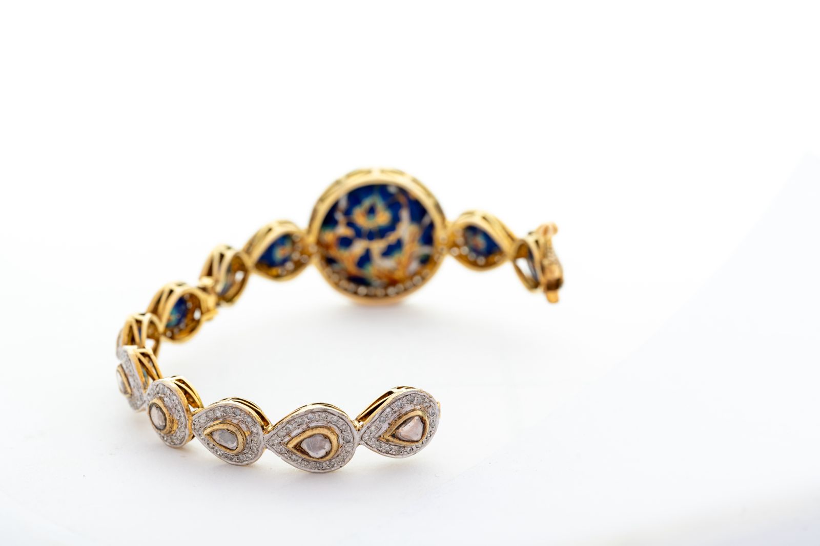 Precious Ruby And Polki Diamond Yellow Gold Handmade Enamel Work Bangle Bracelets