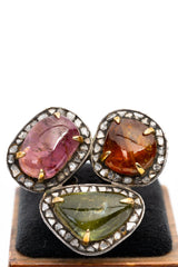Natural Multi Tourmaline And Diamond Gemstone 925 Sterling Silver Victorian Rings Jewelry