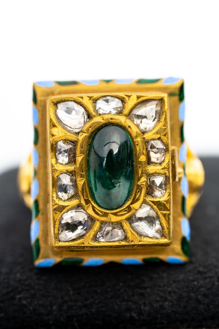 Vintage Emerald And Polki Solid Yellow Gold Enamel Work Handmade Rings Jewelry