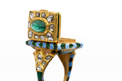 Vintage Emerald And Polki Solid Yellow Gold Enamel Work Handmade Rings Jewelry