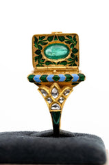 Vintage Emerald And Polki Solid Yellow Gold Enamel Work Handmade Rings Jewelry